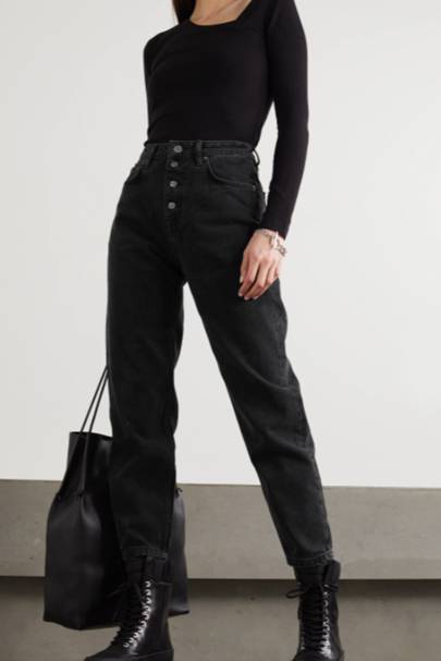 black boots with mom jeans