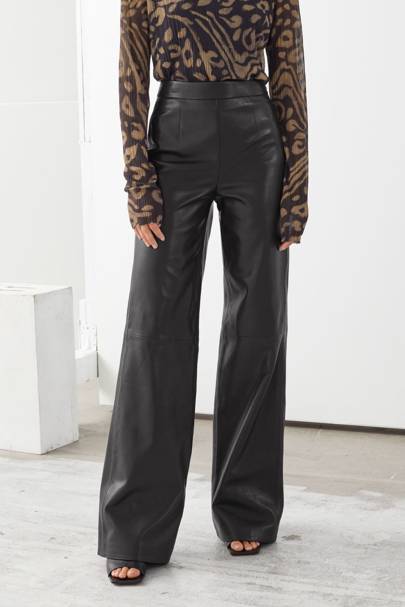 leather look straight leg trousers