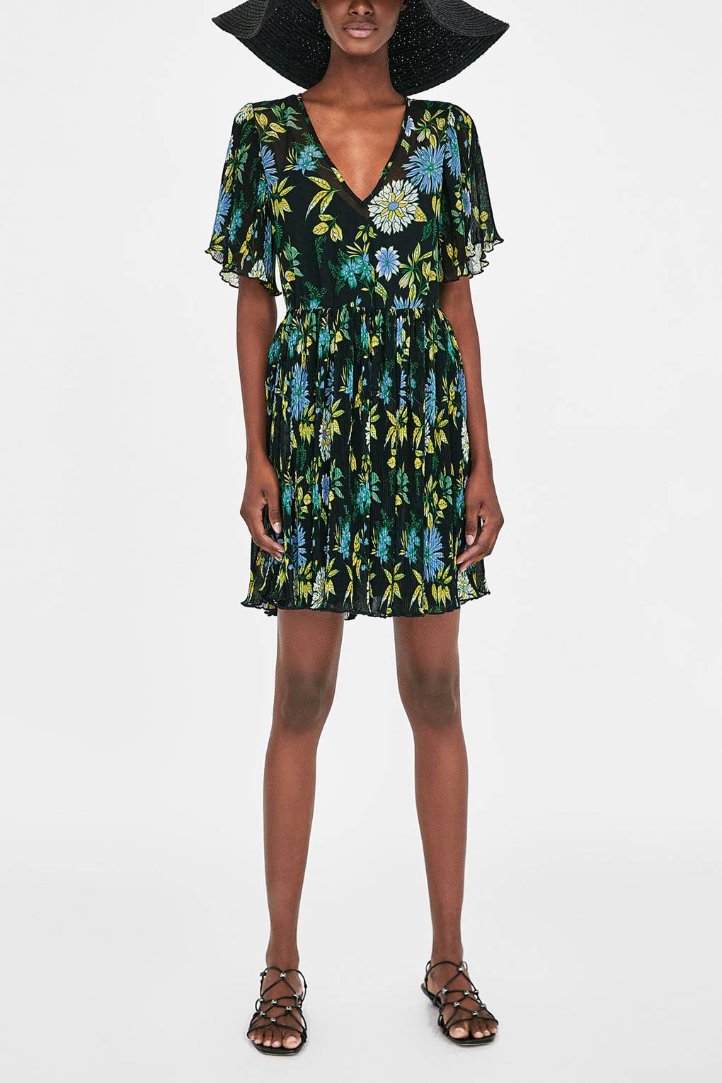 Zara Disty Floral Print Pleat Hem Mini Dress