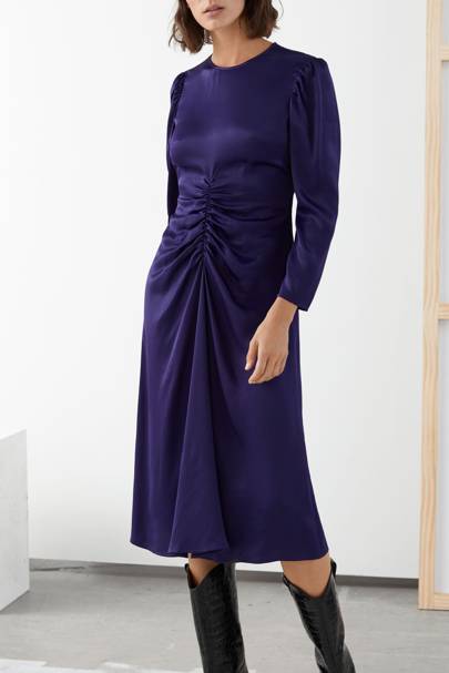 ruched satin midi dress