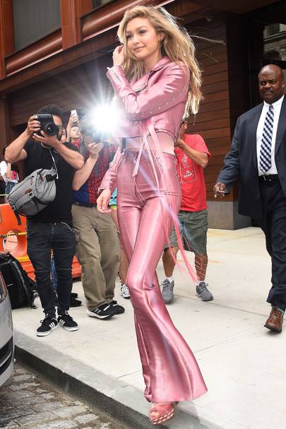 Gigi Hadid: White Suit, Bronze Pumps