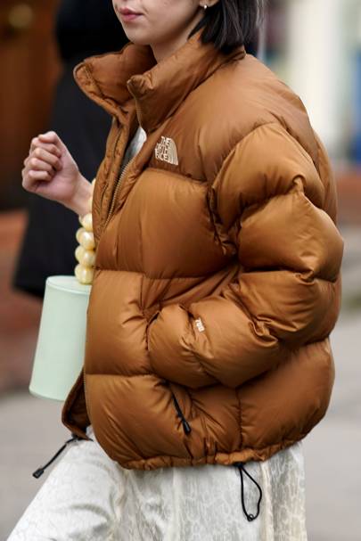 brown cropped north face puffer