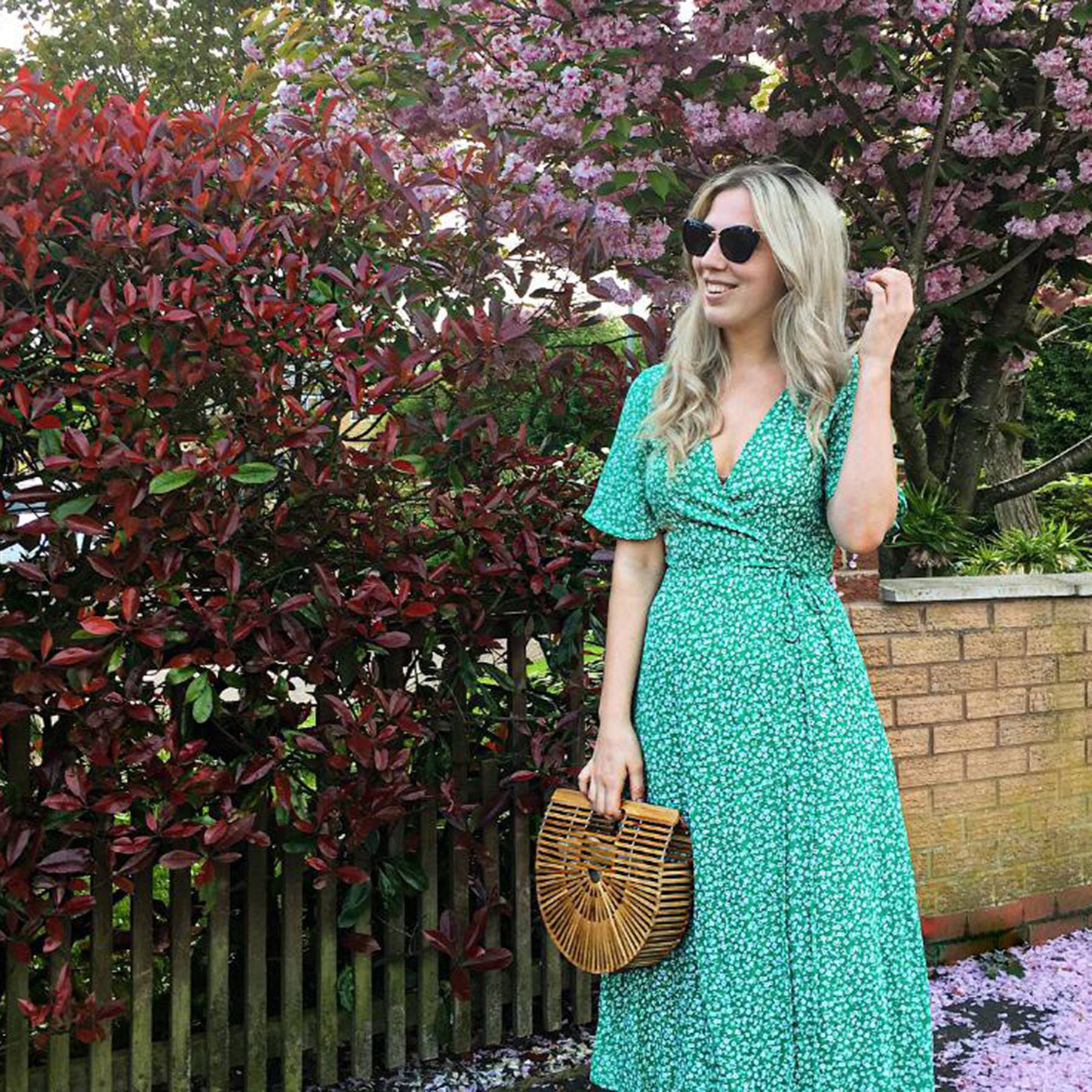 green ditsy floral midi dress